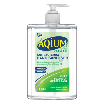 Aqium Antibacterial Hand Sanitiser Gel with Aloe Vera, 1L Pump Bottle