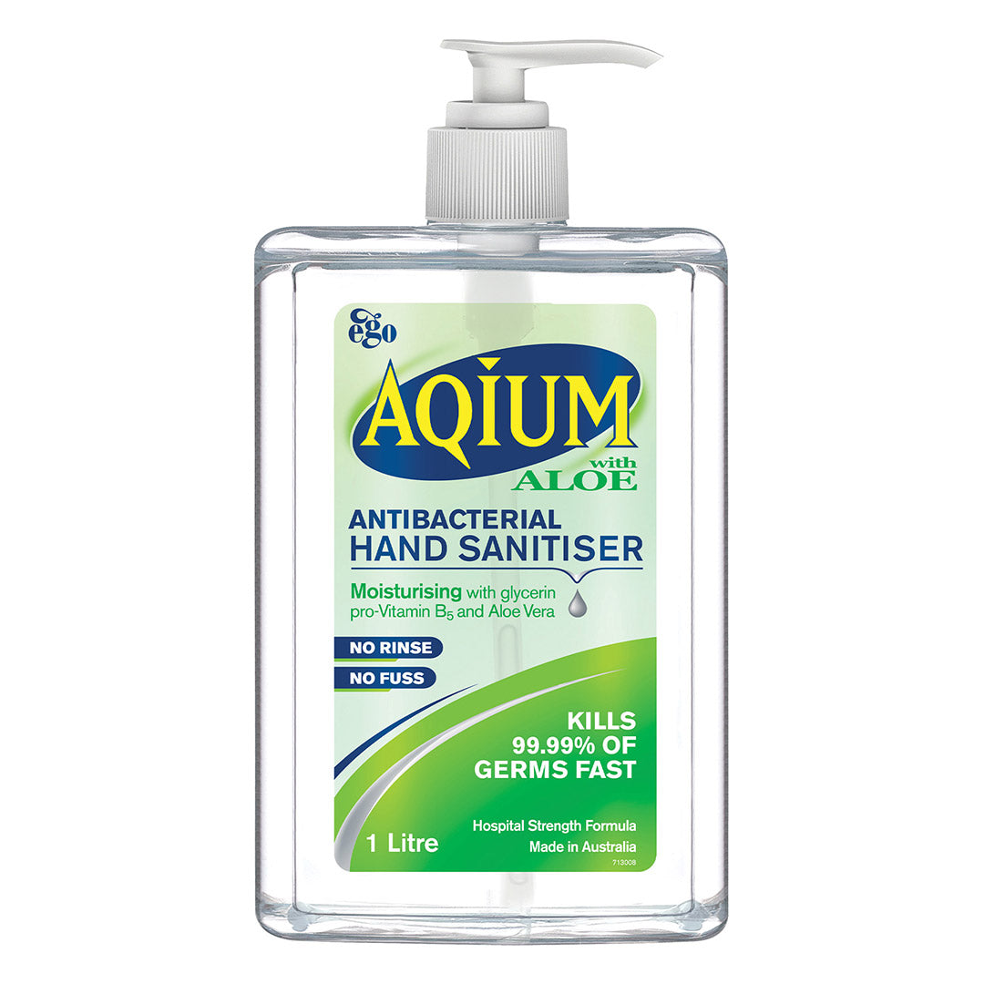 Aqium Antibacterial Hand Sanitiser Gel with Aloe Vera, 1L Pump Bottle