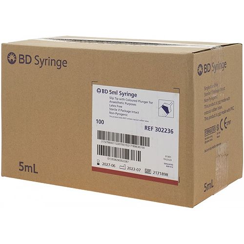 BD 5ml Luer Slip Red Plunger Syringe