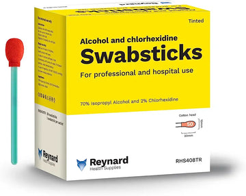 Reynard Health Supplies 2% Chlorhexidine & 70% Alcohol Antiseptic Cotton Swabstick - Red Tinted - Box/50